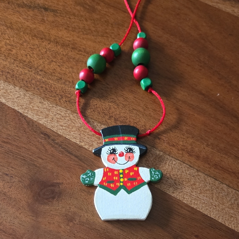 Vintage Folk Art Snowman  Necklace - Festive Christmas Decor - Painted Wood